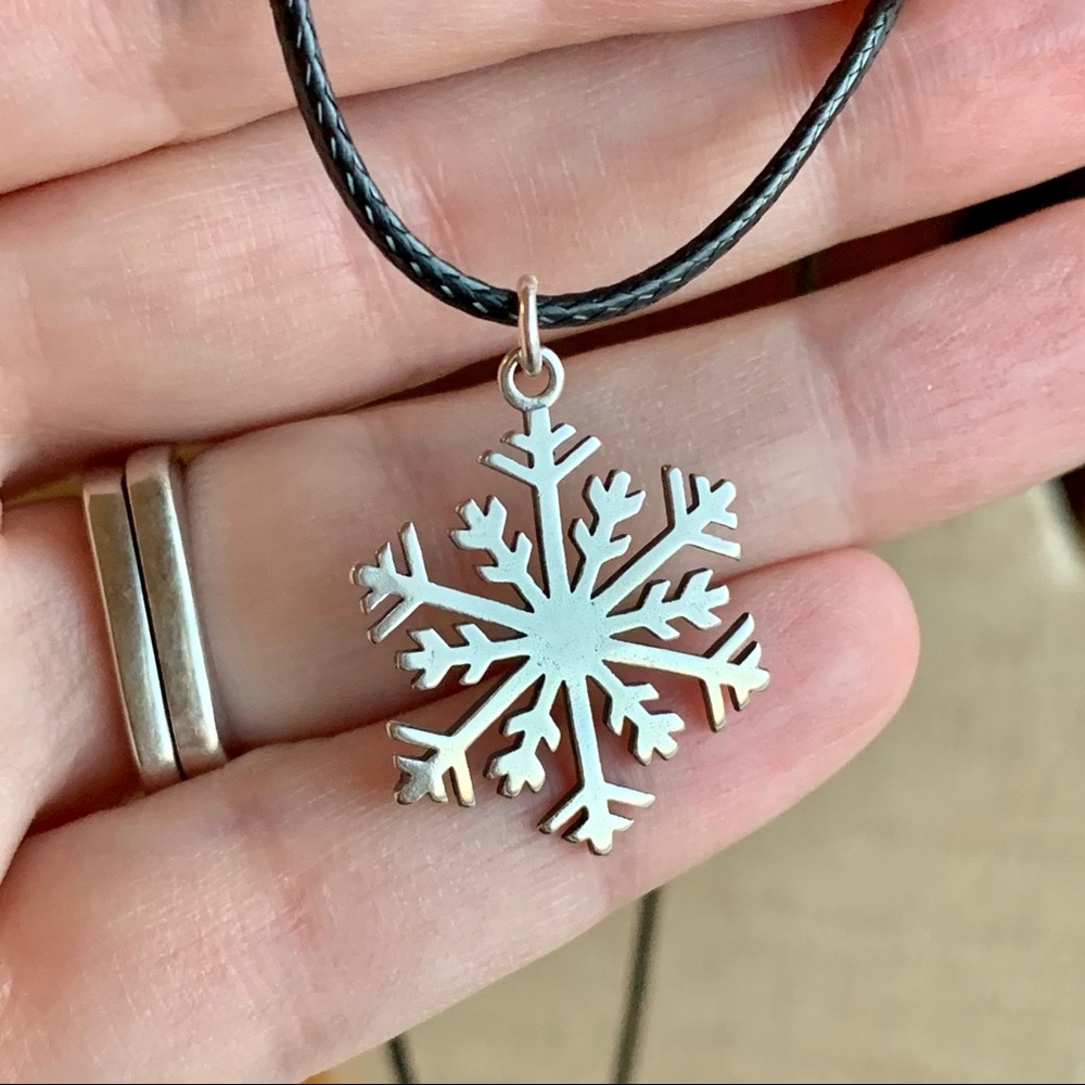 Snowflake Necklace Sterling Silver with Black Cord
